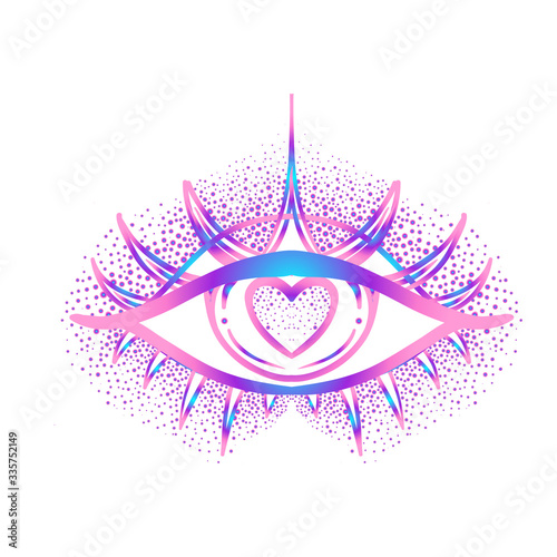 Rainbow gradient tattoo flash. Eye of Providence. Masonic symbol. All seeing eye with heart inside. Sacred geometry, religion, spirituality, occultism. Isolated vector illustration.