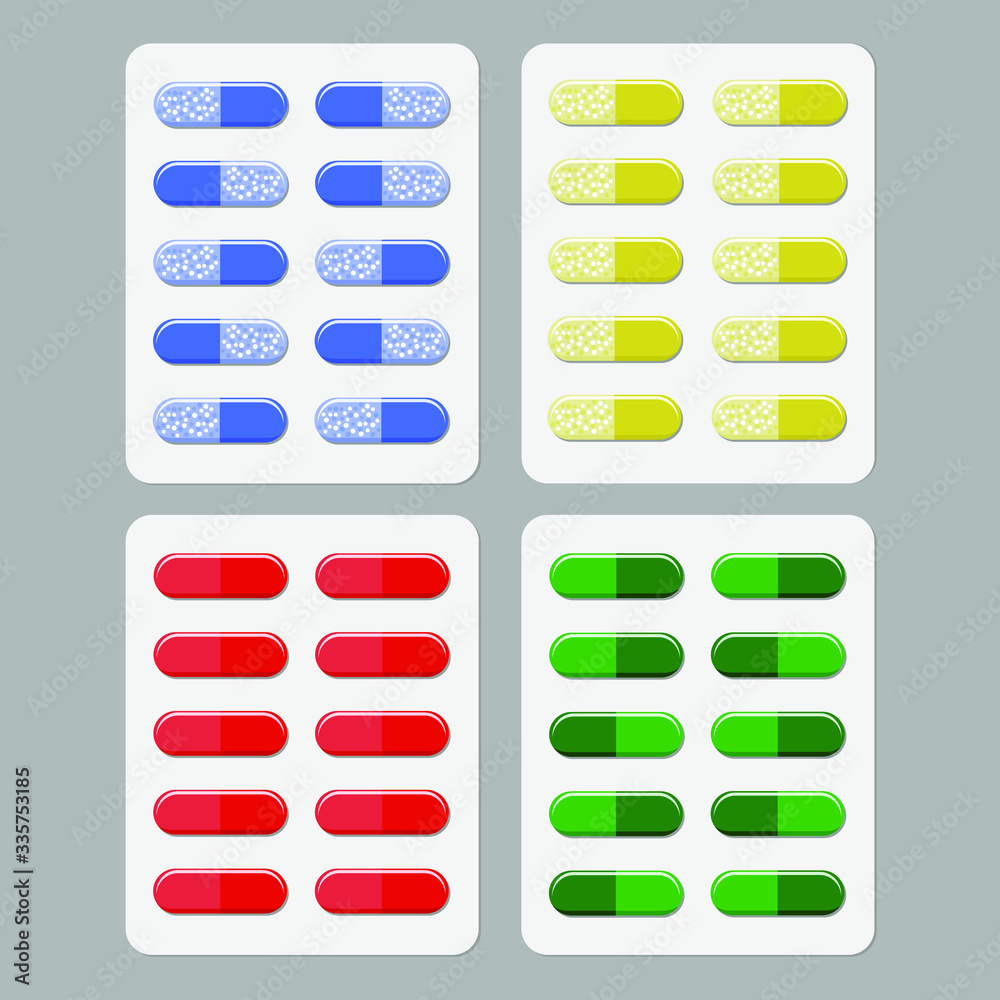 Vector set of pills. Flat style. Different bright tablets isolated on grey background. Medical design elements for posters, web. Blue, yellow, red and green pills. Vector set of pills. Flat style. Different bright tablets isolated on grey background. Medical design elements for posters, web. Blue, yellow, red and green pills.