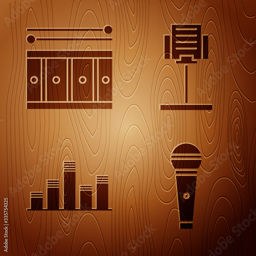 Set Microphone, Drum with drum sticks, Music equalizer and Music stand on wooden background. Vector