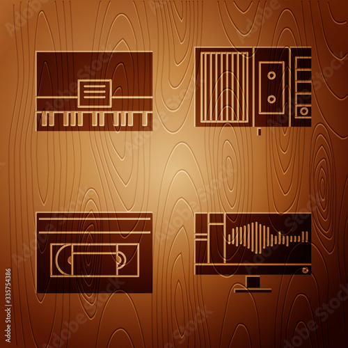 Set Sound or audio recorder on monitor, Piano, VHS video cassette tape and Music tape player on wooden background. Vector