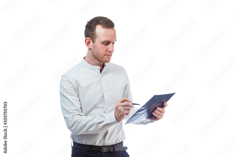 man businessman, a teacher, a mentor, study and sign documents a new Business Projects. Isolated on white background