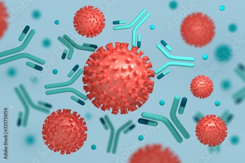 Medical concept illustration corona virus particles interacting with epitopes of antibodies immunoglobulins produced by immune system. 3d illustration. photo