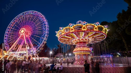 Bright Backlit Ferris Wheel Timelapse. 4K izmir, Turkey photo