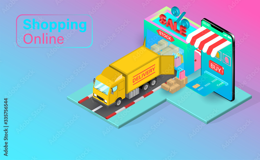 Fototapeta premium Shopping online on Website or Mobile Application with credit cart. Shopping cart with Fast delivery by truck. isometric flat vector design