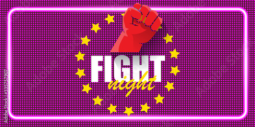 Fight night vector horizontal banner with text and strong fist. mma, wrestling or fight club emblem design template. fight label isolated on neon violet background