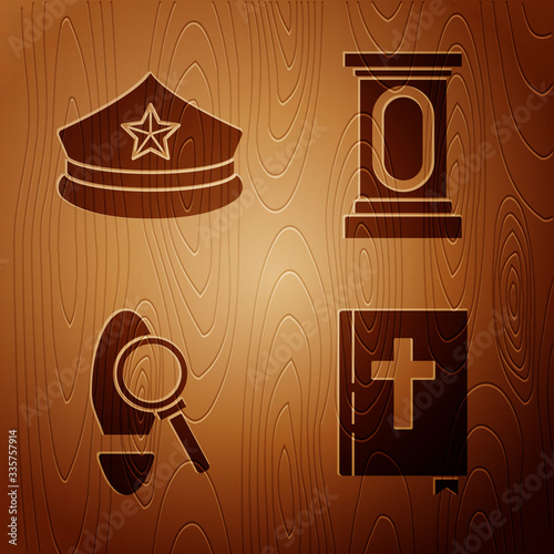Set Holy bible book, Police cap with cockade, Magnifying glass with footsteps and Stage stand or debate podium rostrum on wooden background. Vector