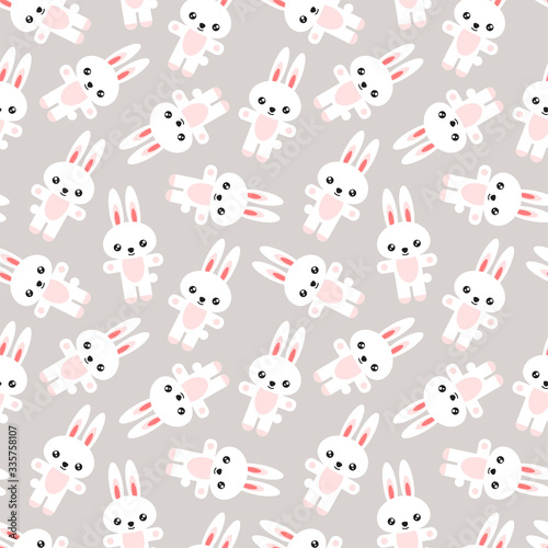Cute animal pattern. Illustration of white rabbits on light gray background. Illustration in flat style. Vector 8 EPS.