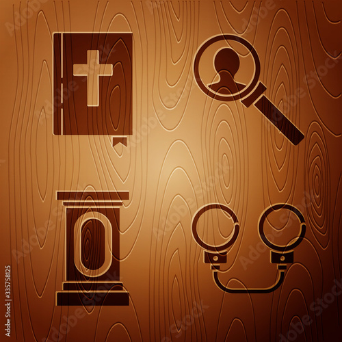 Set Handcuffs, Holy bible book, Stage stand or debate podium rostrum and Magnifying glass for search on wooden background. Vector