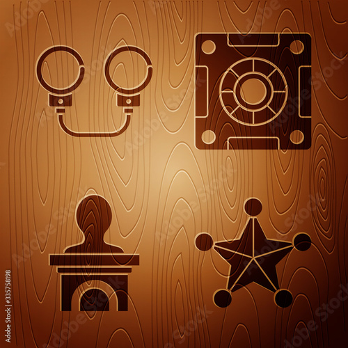 Set Hexagram sheriff, Handcuffs, Stage stand or debate podium rostrum and Safe on wooden background. Vector