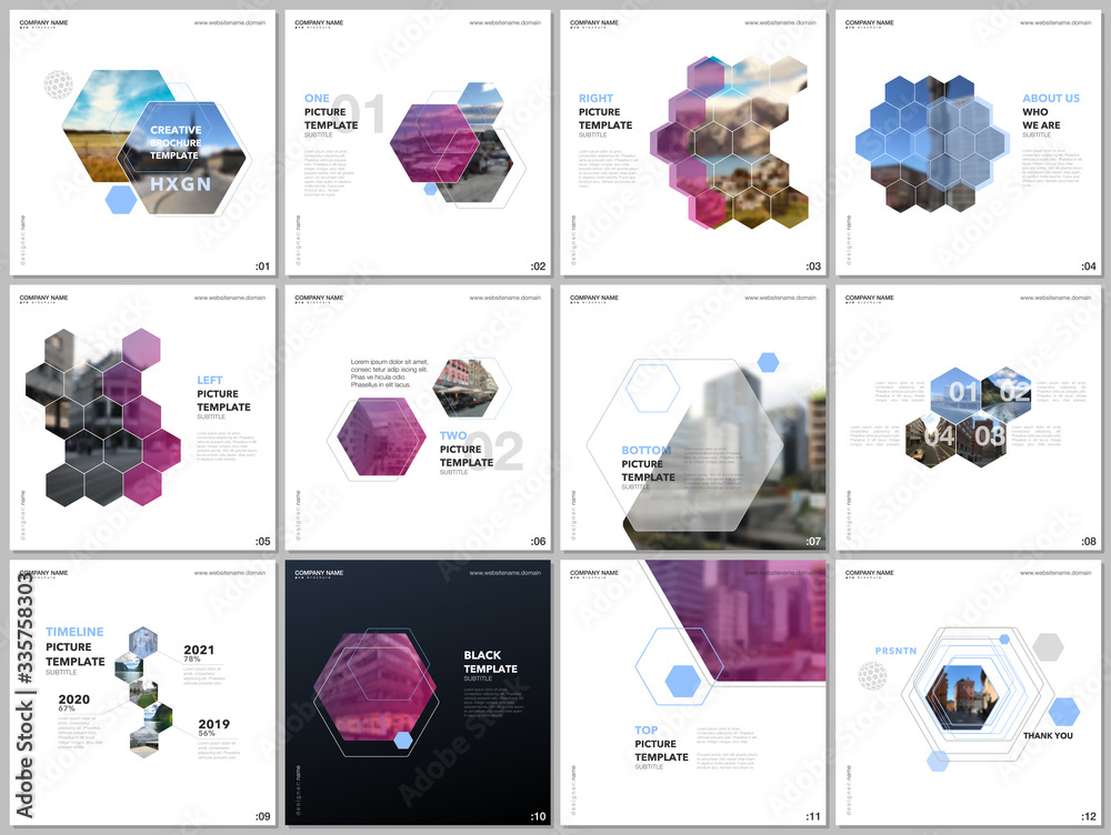 Minimal brochure templates with colorful hexagons, hexagonal shapes. Covers design templates for square flyer, brochure, presentation, social media advertising, online seminar, digital education.