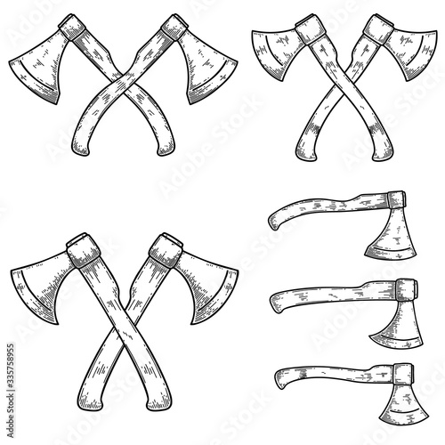 Set of illustrations of lumberjack axes in engraving style. Design element for poster, label, sign, emblem, t shirt. Vector illustration