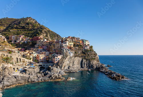 Cinque Terre coast and small towns with vibrant colorful houses in La Spezia, Italy © Alex