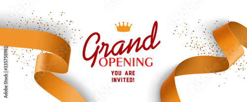 Grand opening invitation design with gold ribbons, crown and confetti. Festive template can be used for banners, flyers, posters.