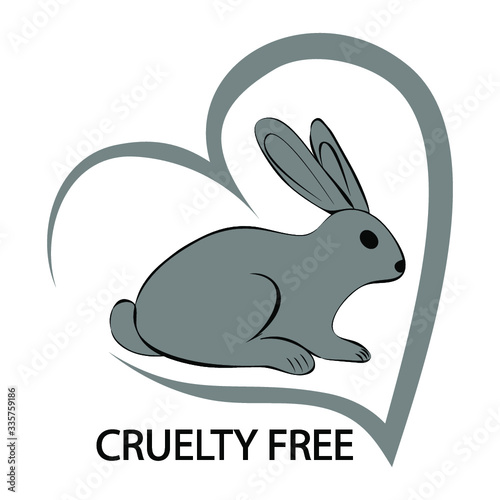 Cruelty free concept logo design with rabbit symbol. Hand drawn heart with lettering Cruelty Free and Rabbit inside.Not tested on animals.Vector illustration in grey color isolated on white background