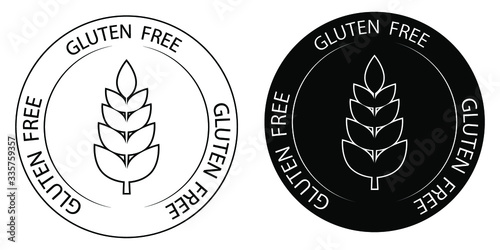 Gluten free vector icon. No gluten stamp. Outline stamp. Sign with wheat inside and with lettering "gluten free" around.  Black label for food package without gluten or for dietetic product nutrition