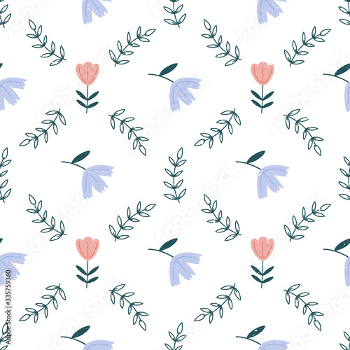 Flowers hand drawn seamless vector fill. Cute childish drawing. Baby wrapping paper, textile, vector illustration