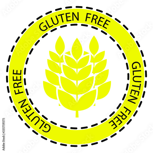 Gluten free vector icon. No gluten stamp. Sign with wheat inside and with lettering "gluten free" around. Yellow label  for food package without gluten or for dietetic product nutrition