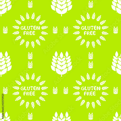 Gluten free, background or pattern. Vector seamless pattern with silhouettes of wheat ears and with lettering "Gluten free", for food package without gluten or for dietetic product nutrition. Vector