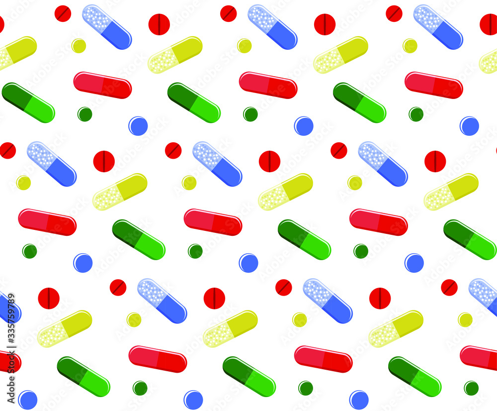Bright vector pattern with red, green, blue and yellow pills. Medical print for textile, covers, web, posters. Bright vector pattern with red, green, blue and yellow pills. Medical print for textile, covers, web, posters.