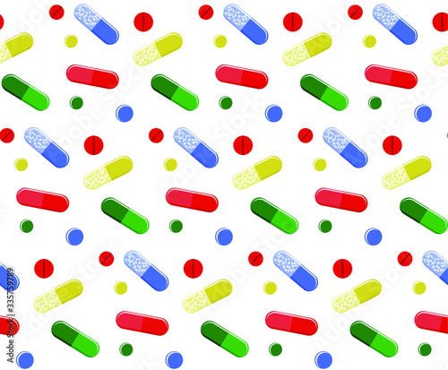 Bright vector pattern with red, green, blue and yellow pills. Medical print for textile, covers, web, posters.