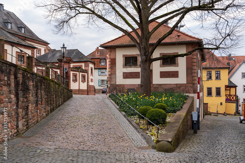 Fototapeta Naklejka Na Ścianę i Meble -  03.04.2020. Town Aschaffenburg, northwest Bavaria, Germany. Street with colorful houses of the old city at summer day. Tourist attraction. Concept of travel, tourism