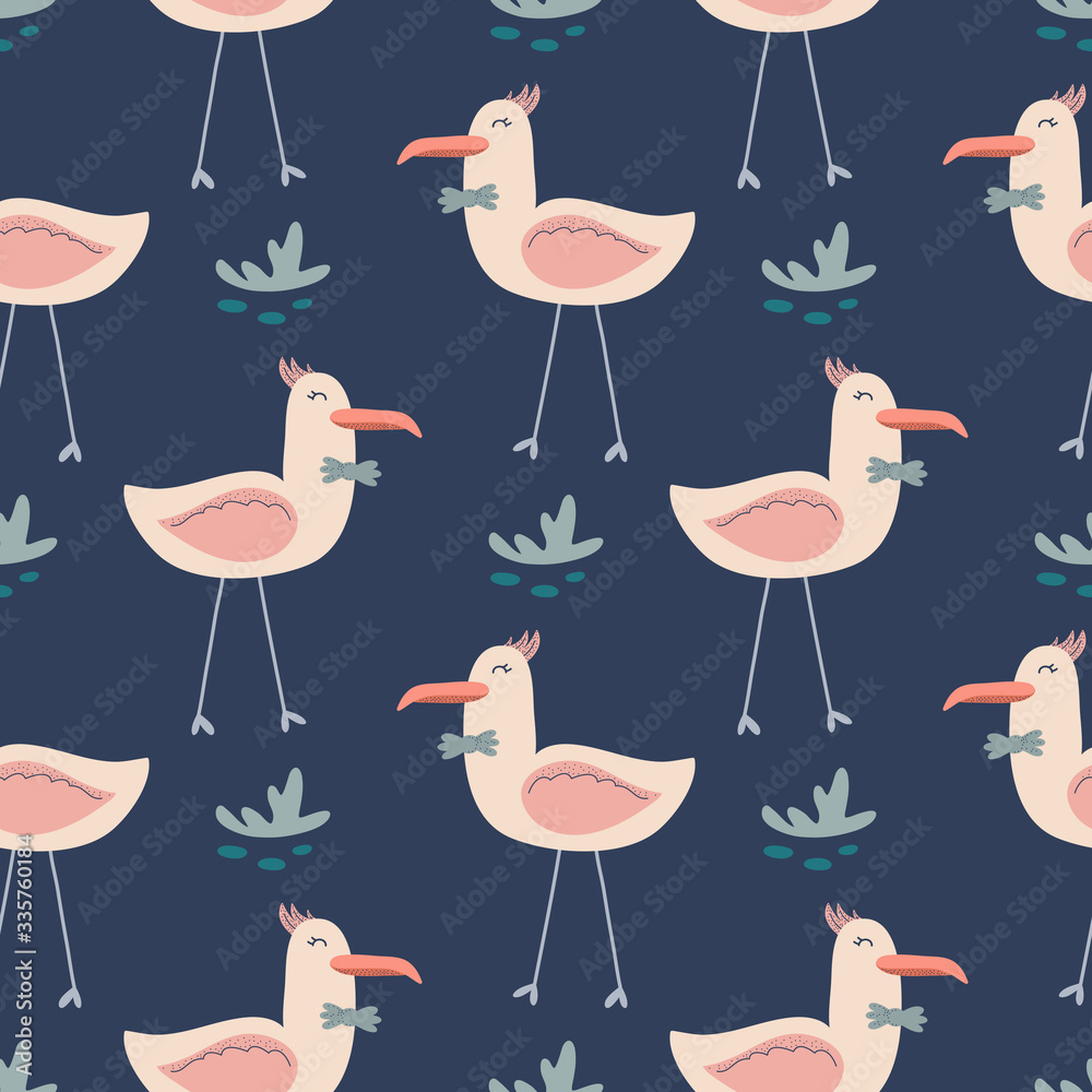 Cartoon funny bird hand drawn seamless vector fill. Cute childish drawing. Baby wrapping paper, textile, vector illustration