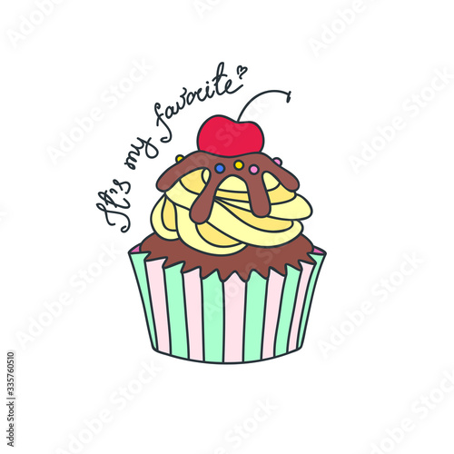 It's my favorite! Illustration of a cream cupcake decorated with a cherry. Vector 8 EPS.