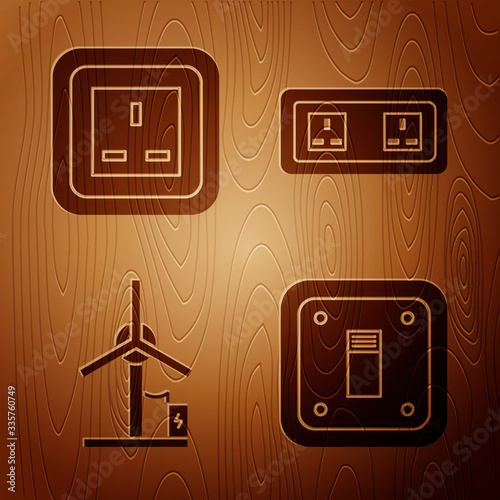 Set Electric light switch, Electrical outlet, Wind turbine and Electrical outlet on wooden background. Vector