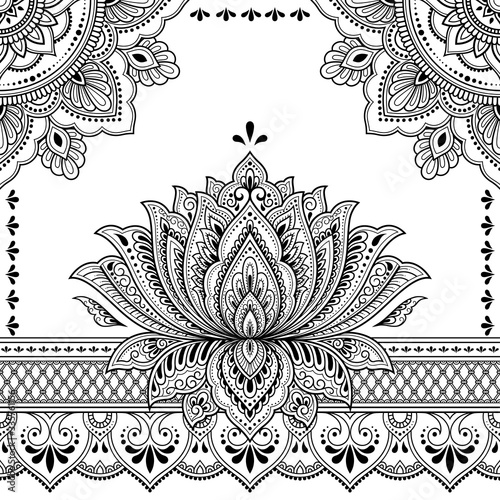 Stylized with henna tattoo decorative pattern for decorating covers book, notebook, casket, postcard and folder. Mandala, Lotus flower and border in mehndi style. Frame in the eastern tradition.