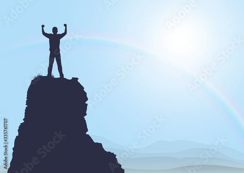 Silhouette of man standing on top of the mountain with fists raised up on sunrise with rainbow background, success, achievement and winning concept vector illustration