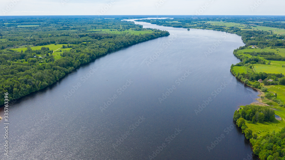 Beautiful panoramic aerial view photo from flying drone on the city of Koknese and the river Daugava. Latvia, Koknese (series)