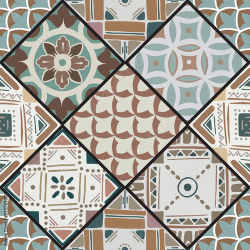 Colorful floral seamless hand drawn ornamental east pattern in patchwork boho chic style from rhomb, in portuguese and moroccan motif