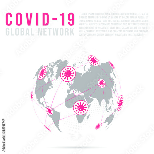Abstract Coronavirus or COVID-19 and point scales on white background with Global. Wire frame 3D mesh polygonal network line, design sphere, dot and structure. Vector illustration eps 10.