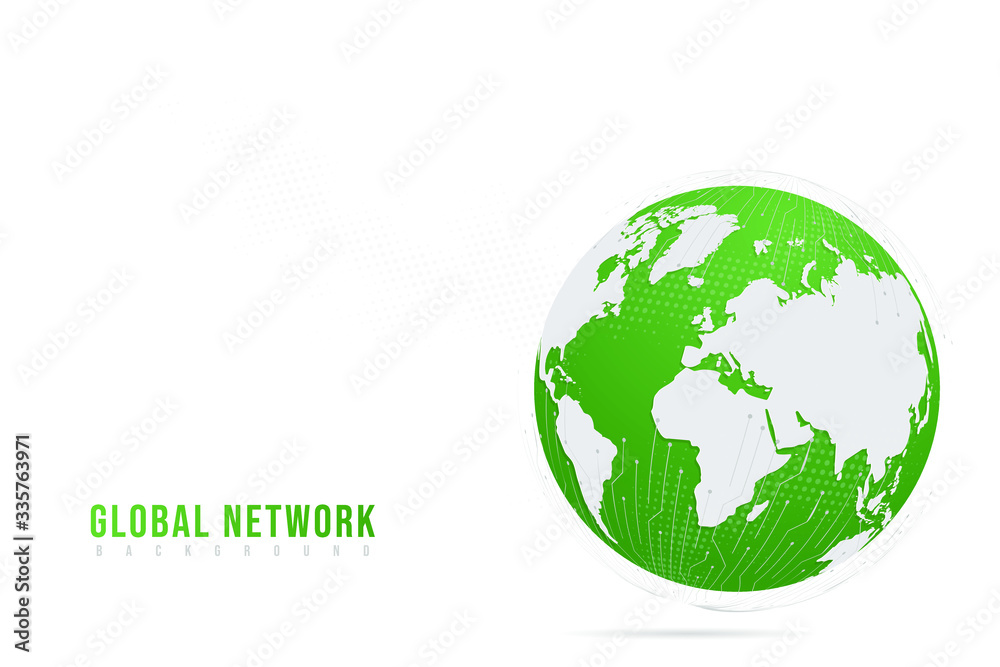 Abstract mash line and paper art green point scales on white background with Global. Wire frame 3D mesh polygonal network line, design sphere, dot and structure. Vector illustration eps 10.