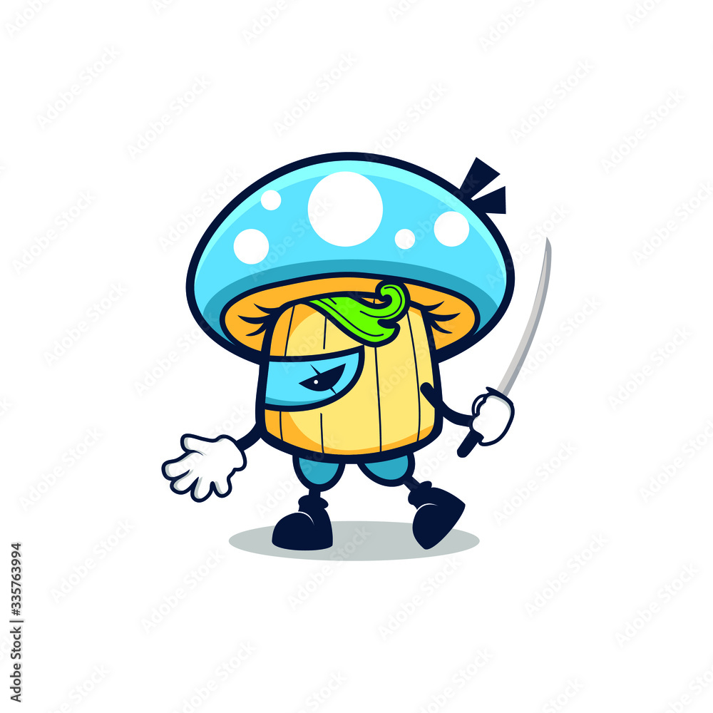 cartoon blue mushroom walking use one sword