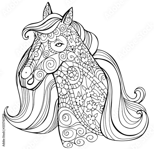 Zentangle stylized cartoon horse isolated on white background. Perfect for adult antistress coloring page, T shirt print, logo or tattoo with doodle, invitation, greeting card.