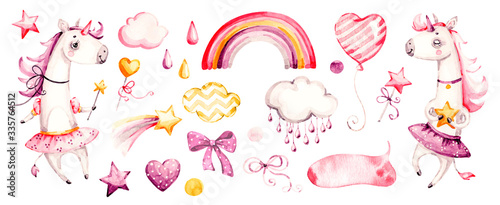 Cute Unicorn Baby Girl Watercolor Vector Nursery Cartoon Magic Animals Pink Clouds Rainbow Adorable Nurseries Princess Set Isolated On White Background Handpainted Watercolour Baby Animal Clipart Stock Vector Adobe Stock