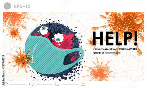 Save the world from Coronavirus illustration concept. Earth wearing protective masks to prevent epidemic corona virus.The campaign of people help the world from Covid-19 strain cases as a pandemic.