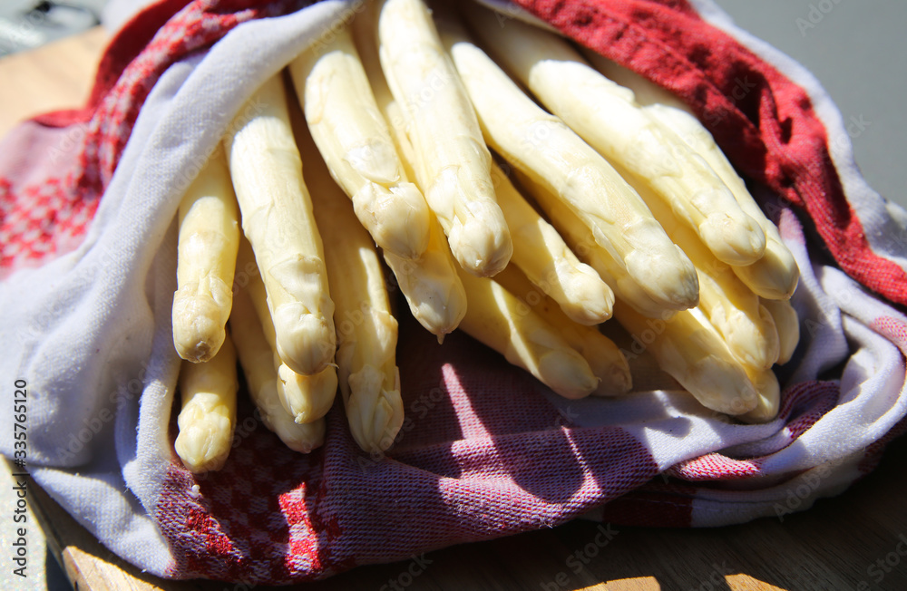 Close up of white asparagus spears wrapped in wet kitchen towel to keep fresh