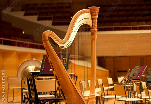 Tablou canvas Harp in a large concert hall. Musical instrument.The concert harp