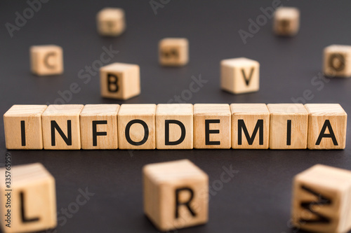 Infodemia - word from wooden blocks with letters, deliberately misinform infodemia concept, random letters around black background photo