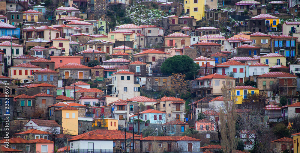 colorful houses of lesbos, Greece