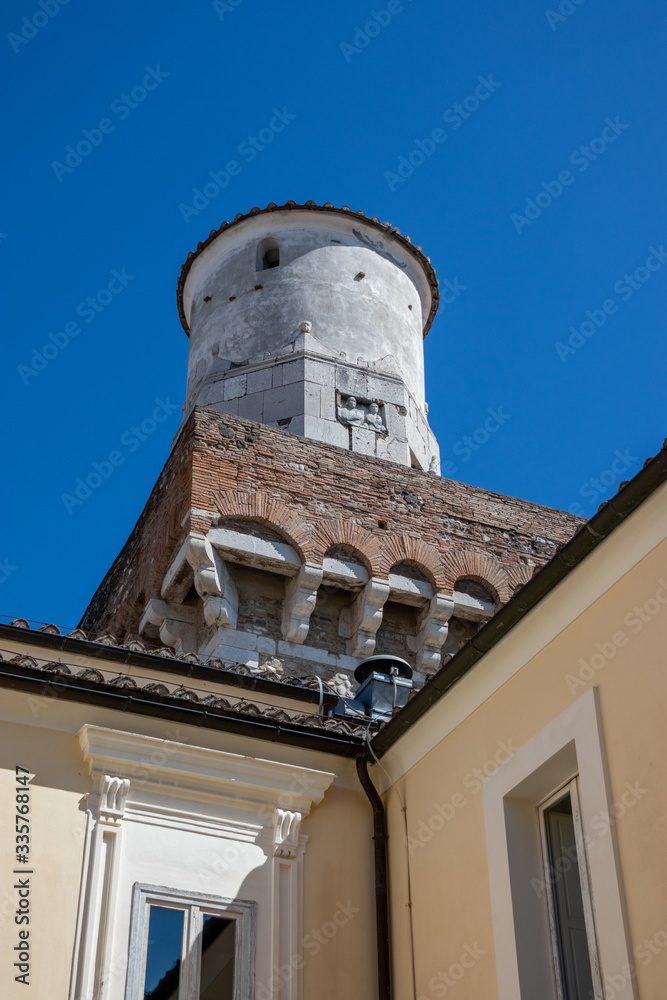 detail of a tower of the Rocca dei Rettori, the castle of Benevento, Campania, Italy