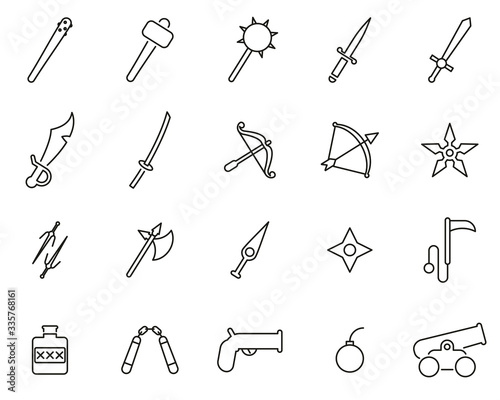 Old Weapons Or Ancient Weapons Icons Black & White Thin Line Set Big