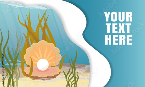 Landing page template with multi-level shadows and the image of the seabed, pearl shell with white pearls and algae. Webpage. Realistic vector