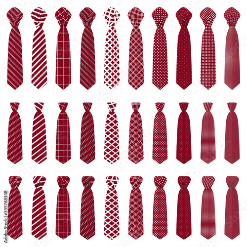 Illustration on theme big set ties different types, neckties various size
