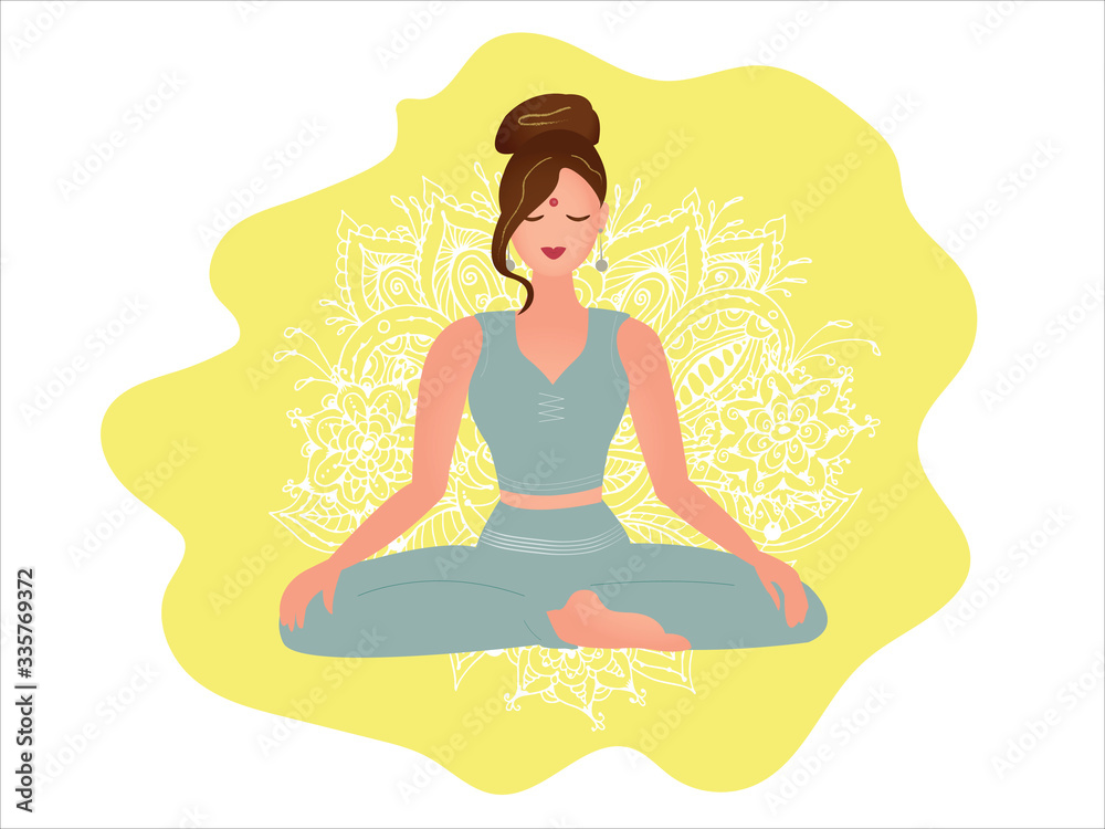 Woman yoga silhouette in lotus position with ornamental background