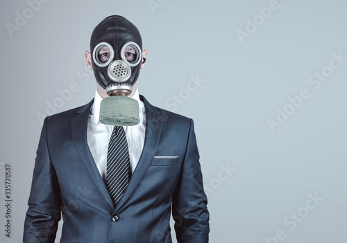 Close up portrait of handsome man in a protective gas mask