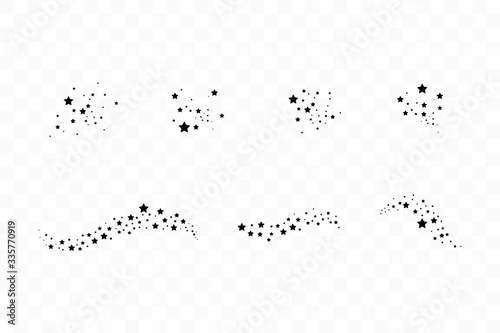 Set of black falling stars. Cloud of black stars isolated on transparent background. Vector illustration. Meteoroid, comet, asteroid, stars