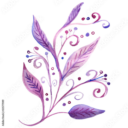 Hand drawn watercolor abstract foliage and flowers on white background. Stock illustration